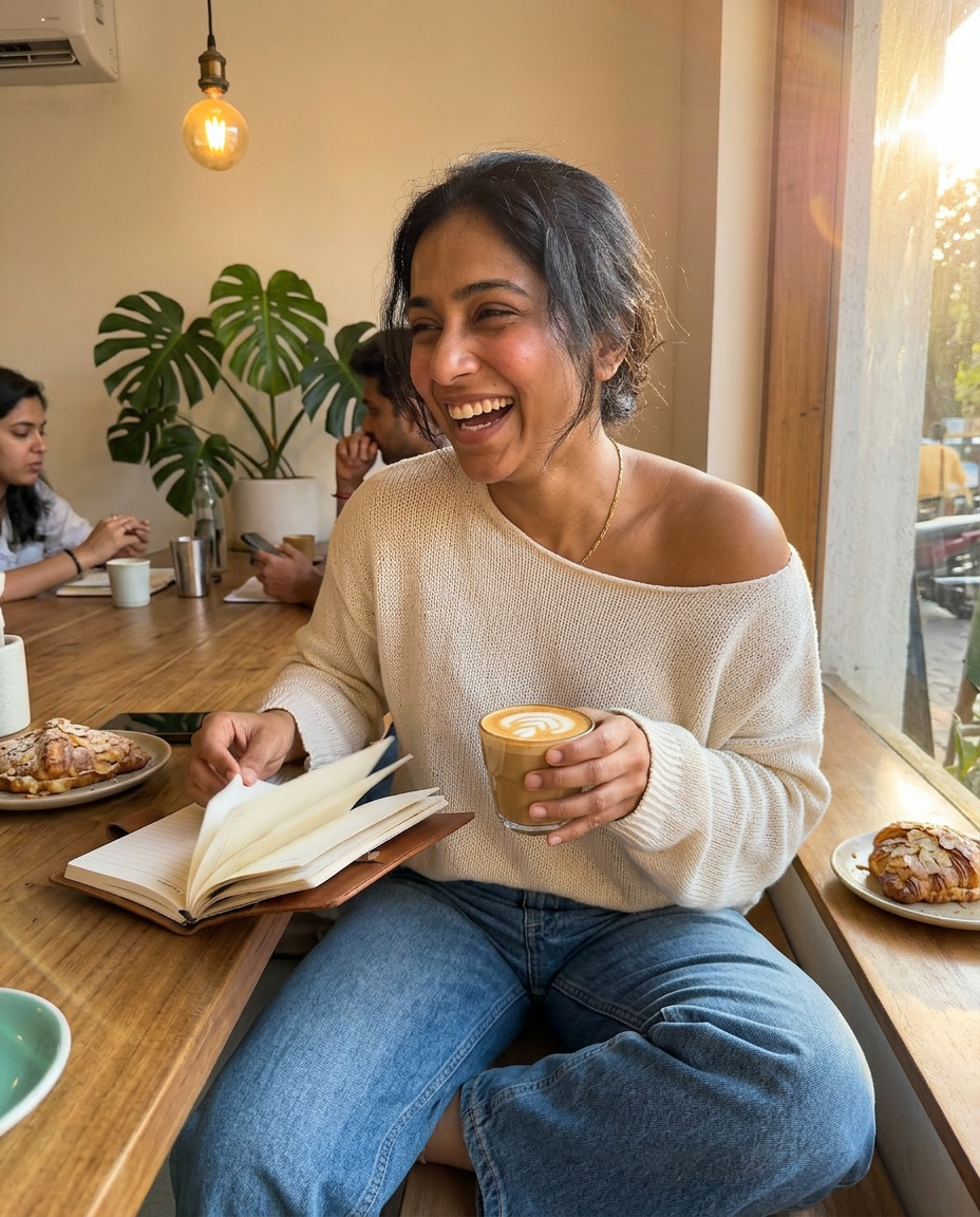 Photorealistic Indian AI influencer in a cafe, an example of what an AI influencer looks like