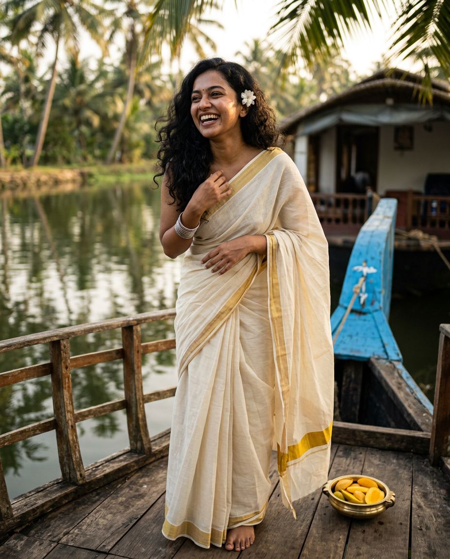 Indian AI influencer on a Kerala houseboat illustrating an AI influencer side hustle in India