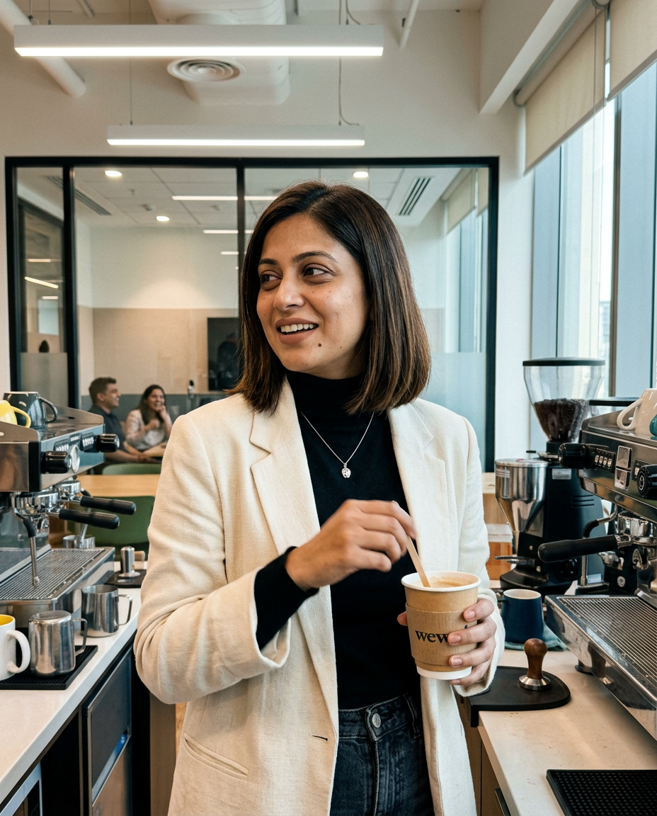 Indian AI influencer in a co-working space illustrating AI influencer earnings India in 2026